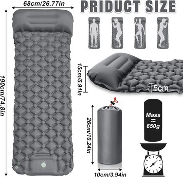Надувна туристична матрац Isomatte з самонадуванням, водовідштовхувальна, з насосом та подушкою, сірий колір. Підходить для кемпінгу, походів, риболовлі та подорожей.