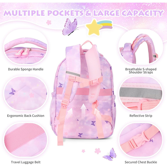 Рюкзак шкільний для дівчинки Schulrucksack, 43x35x17 см, фіолетовий з метеликами, для дітей 5-10 років, велика місткість