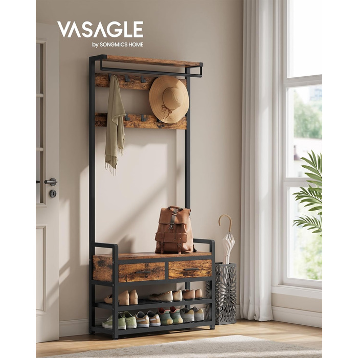 VASAGLE Coat Rack with Shoe Bench, Coat Rack, Shoe Storage, 2 Fabric Drawers, 10 Hooks, 6 Side Hooks, 30 x 80.4 x 181.6 cm, Vintage Brown-Ink Black HSR429B01