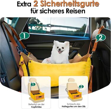 Portable Dog Car Seat for Small & Medium Dogs Under 15KG - Washable Travel Bed with Storage & Safety Belt (Green & Yellow)