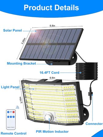 Сонячні LED світильники для вулиці 226 LED з датчиком руху, 3 режими, IP65 водонепроникні, настінні прожектори для саду та гаража з кабелем 5 м, комплект 2 шт.
