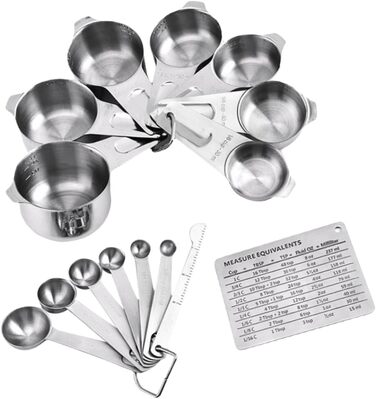 Cabilock Complete 15-Piece Stainless Steel Measuring Cup and Spoon Set. Detachable Design Without Handle. Accurate Measurement for Cooking and Baking.