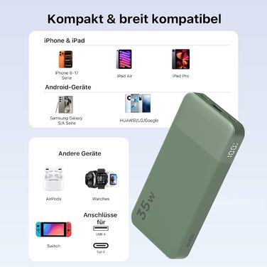 Power Bank NOBIS 35W 10000mAh з цифровим дисплеєм, 2 USB-C, 1 USB-A – зарядний пристрій для iPhone, Galaxy, планшетів (зелений)