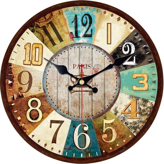 VIKMARI Quartz Wall Clock Wood Silent Hanging Clock, Battery-Powered Round Rustic Clock, Easy to Read Vintage Indoor Wall Clock || 14' (France Parisian Style, 30 cm)