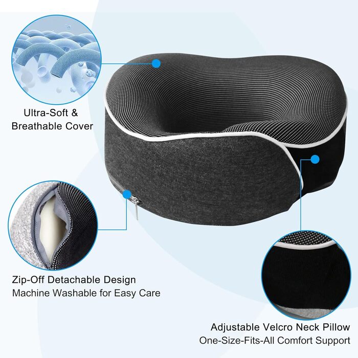 Подушка для шиї Milado для подорожей у літаку, з піною з пам'яті, комплект з масками для очей (темно-сірий)
