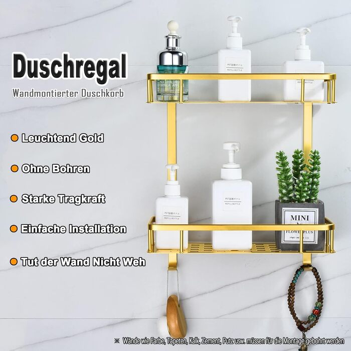 Maifey Shower Shelf Gold, Shower Caddy No Drilling Bathroom Shelf Made of Metal Wall Shelf Shower Basket, Stainless Steel, Adhesive Installation (2 Tier, Light Gold)