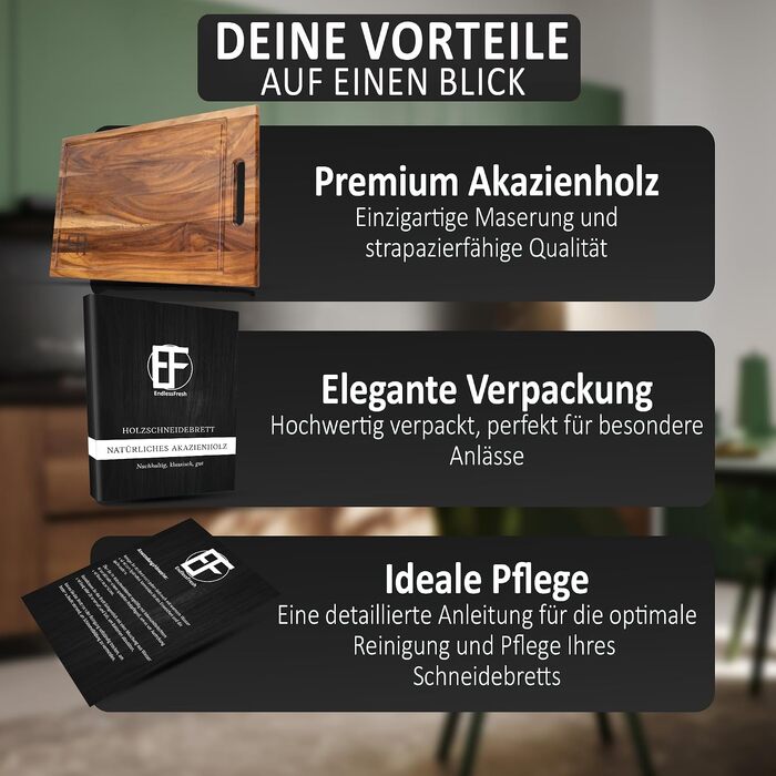 Великий обрізна дошка з дерева акації EndlessFresh (39x25 см) з жолобом для соку, ручкою та ніжками — преміум кухонна дошка для нарізки