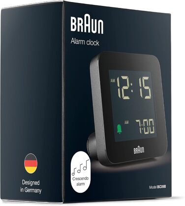 Braun Digital Alarm Clock with Snooze Function, Negative LCD Display, Quick-Set Function, Crescendo Alarm in Black, Model BC09B.