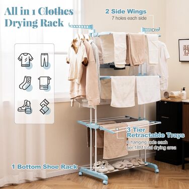 Сушарка для білизни HOMASIS з 4 рівнями, розкладна, на коліщатках, з бічними крилами, 127x63x171cm, 30 кг, світло-блакитна