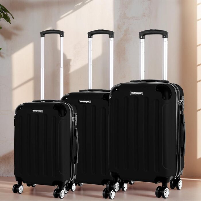 Набір валіз 3er - міцні ABS-валізи з TSA-замком, розширюваний об'єм - M, L, XL, захист кутів, 360° колеса, телескопічна ручка, підходить для ручної поклажі & стійкий до ушкоджень (Чорний)