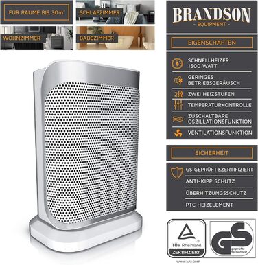 Електричний обігрівач Brandson 1500 Вт - тихий, енергоефективний, з керамічним нагрівачем, для ванної кімнати