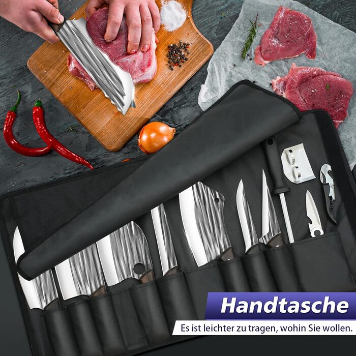 Набір ножів кухонних MDHAND 14 предметів з чохлом, сталь High Carbon, для кухні, кемпінгу, BBQ (смугастий)