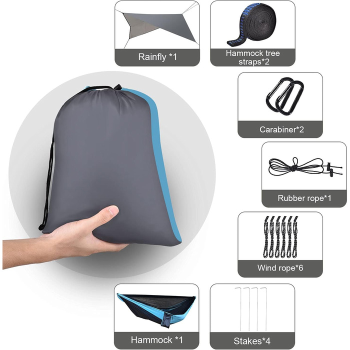 Намет-гамак для кемпінгу з москітною сіткою та захистом від дощу, міцний, з ременями для кріплення, нейлон, для одного або двох осіб, для піших прогулянок та подорожей
