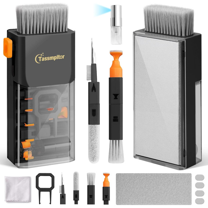 Набір для чищення клавіатури та електроніки, 6-в-1: клавіатура, ноутбук, iPhone, iPad, камера, AirPods. Компактний набір з спреєм та щіткою для екранів. Чорний колір