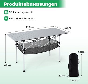 Складний кемпінговий стіл COSTWAY 119x55 см з алюмінієвою стільницею та сітчастою корзиною, до 100 кг, з сумкою для перенесення - для кемпінгу, саду (Срібний)