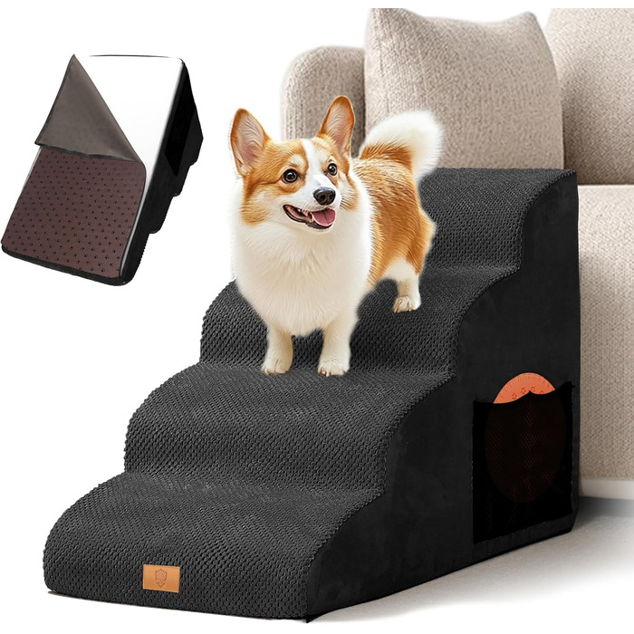 Masthome Dog Stairs for Small Dogs, 4 Steps Pet Stairs with Washable Cover, 52cm High Cat Stairs from Sponge for High Beds, Dog Ramp Ladder, Detachable, Black
