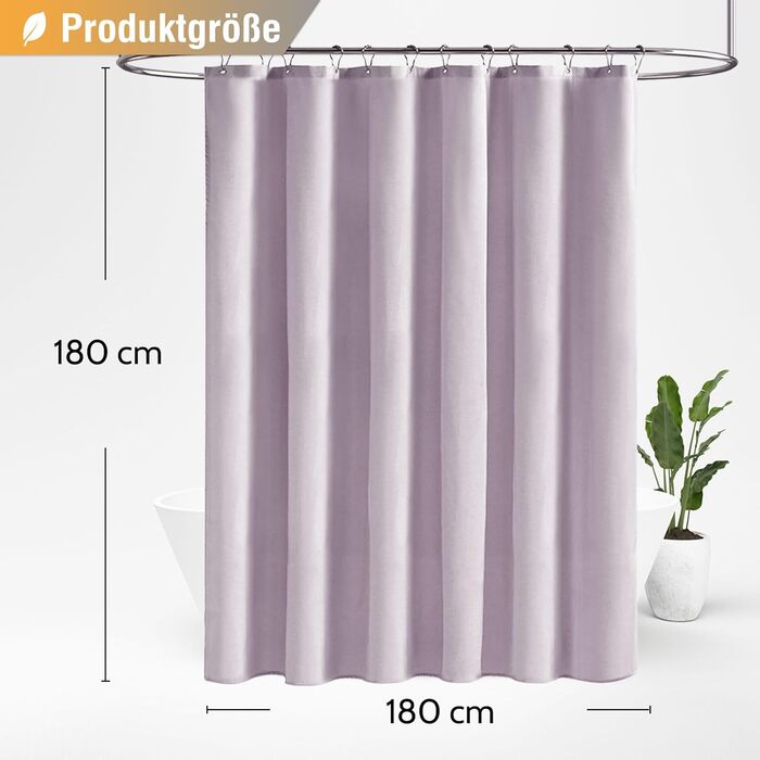 Шторка для душу BTTN, тканинна, 180x200 см, льонова текстура, антигрибкова, миється, текстильна, з 12 гачками, сучасна, водовідштовхувальна, з обтяжувачем, декор, поліестер, кремовий колір (лавандовий, однотонна, H180 x B180 см (упаковка 1)