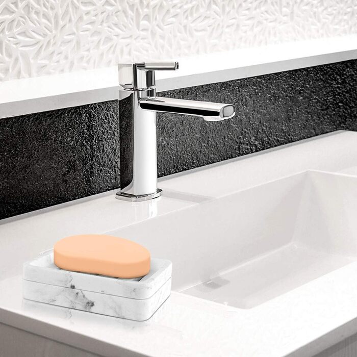 Підставка для мила MoKo Harz з подвійним шаром, швидковисихаюча, знімний контейнер для води, для кухні, ванної кімнати, душу - білий мармур