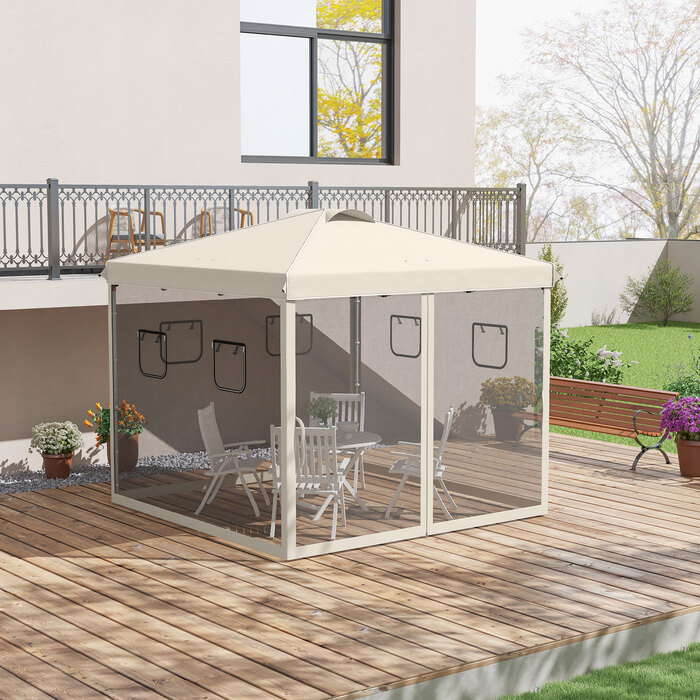 Outsunny Folding Gazebo 3x3m with 4 Mosquito Curtains, UV Protection, Pop-Up Design, Window & Carry Bag, Beige for Garden Parties