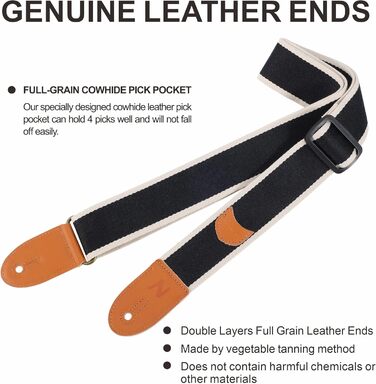 Гітарний ремінь з бавовни та шкіри з кишенькою для медіатора - для електрогітари (чорний)