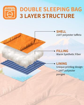 Сплячий мішок Outdoor Sportneer для 2 осіб, 3 сезони, 220x150 см, 2.75 кг, з 2 подушками, для дорослих, оранжевий (без фланелевої підкладки)