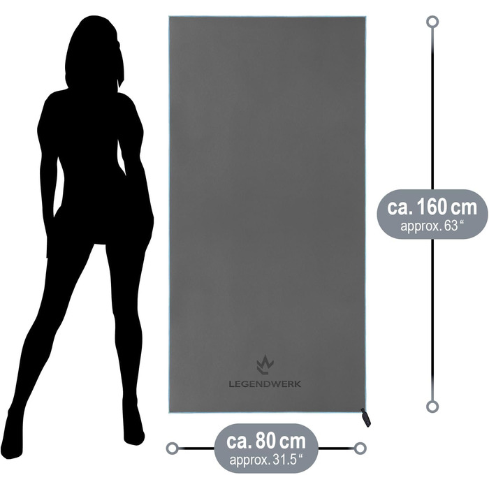 Рушник мікрофібри Legendwerk® 160x80 см – швидковисихаючий, компактний – для подорожей, фітнесу, міста та відпочинку на природі – легкий, стильний, з сумкою та петлею для підвішування, сірий, 1 шт.