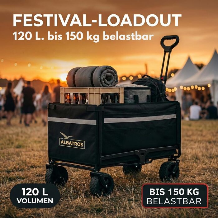 Візок-тележка Albatros Bollerwagen 120л складний: для кемпінгу, фестивалів, пікніків. З відкривачкою для пляшок, тримачем для напоїв та заднім відкриттям. З світловідбиваючими смугами.