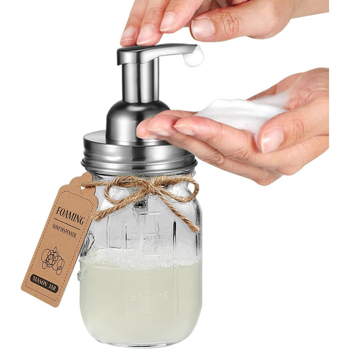 Mason Jar Bathroom Accessories Set, 4 Piece, Foaming Soap Dispenser & 2 Qtip Holders & Toothbrush Holder, Rustic Farmhouse Decor, Apothecary Glass, Countryside Countertop (Black) (Luxurious, Rustic, Brushed Nickel)