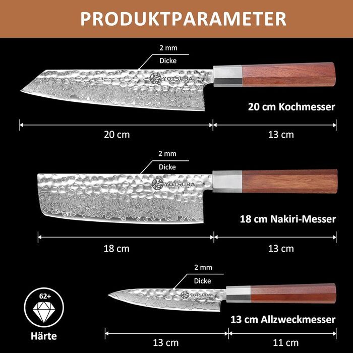 Кухонний ніж YOTSUBA Hackmesser 18 см, кухонний тесак з ергономічною ручкою Pakkawood, професійний ніж для м'яса та овочів, набір кухонних ножів 3 шт.