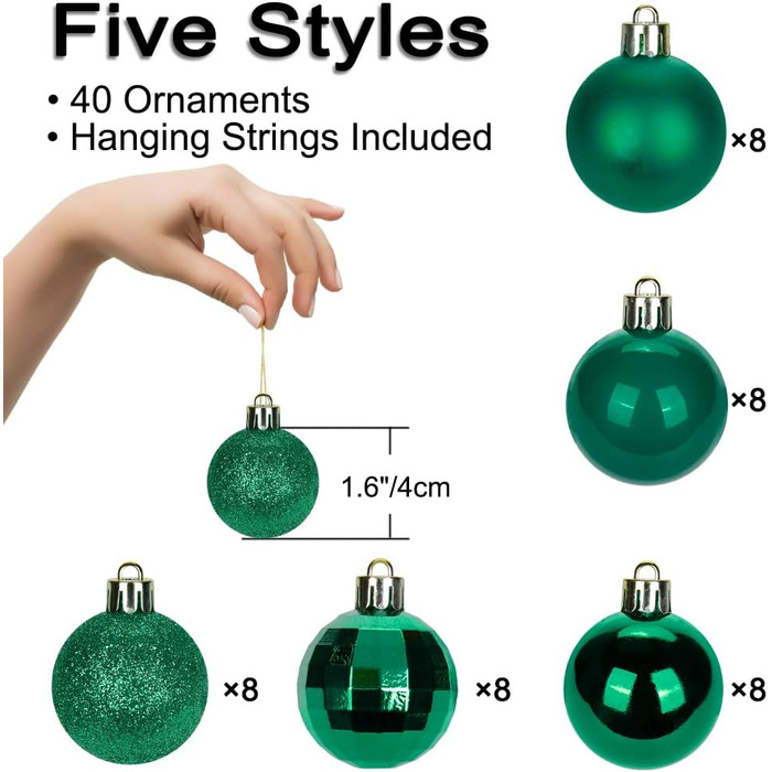 40 шт. прикрас для ялинки - ялинкові кулі 4 см, зелені, ударостійкі. Новорічний декор для ялинки