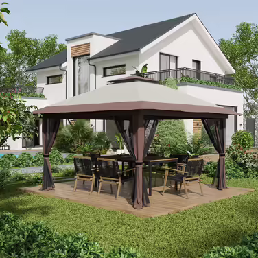 Outsunny Folding Gazebo 4x4m Garden Gazebo Adjustable Height with UV Protection & Mosquito Curtains, Double Roof in Beige for Garden Parties
