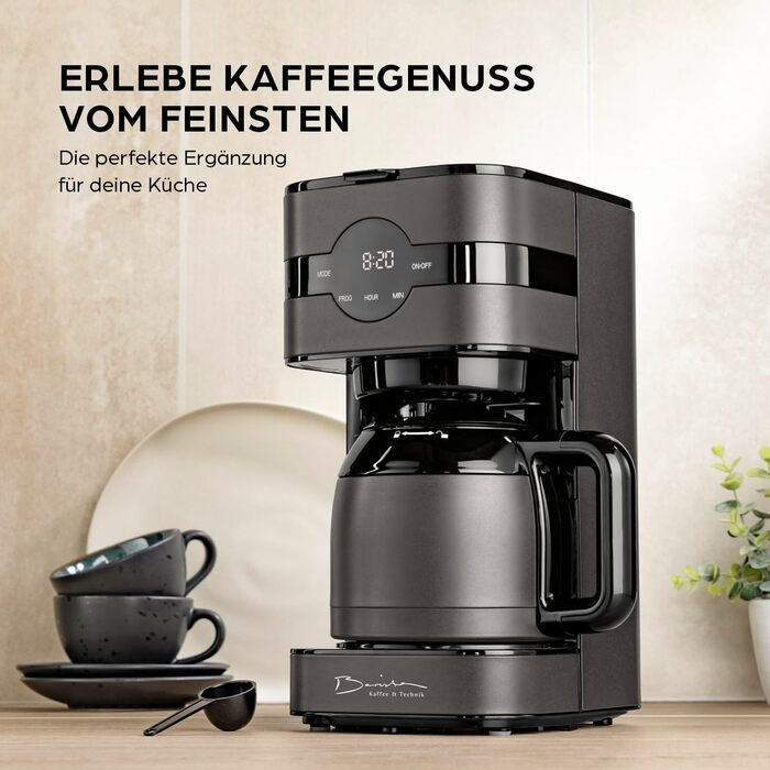 Кавомашина Barista Filterkaffeemaschine з регульованим млинком та термосклом | Функція підігріву, таймер 24г та постійний фільтр | На 10 чашок кави | Кавоварка для зерен та меленої кави [Нержавіюча сталь] (11) Сіра