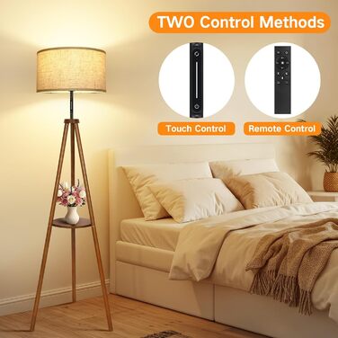 LED торшер OUTON з регулюванням яскравості, тринога, дерево, з полицею, пульт, 4 режими кольору, таймер 1 год, для вітальні, спальні, офісу (горіх, з сенсором)