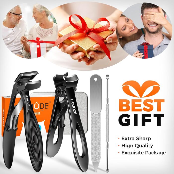 Нагрівач для нігтів для людей похилого віку з товстими нігтями, кутовий нігтьовий різак, нігтьовий різак для ніг з контейнером для збору, нержавіюча сталь, великий нігтьовий щипчик з широким отвором, ергономічний нігтьовий щипчик для чоловіків, чорний, широке відкривання та кутовий наконечник