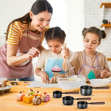 Measuring cup with wooden handle, black stainless steel measuring cup set, dog food scoop for kitchen, flour, spices, measuring, cooking (1, 1/2, 1/3, 1/4 cup)