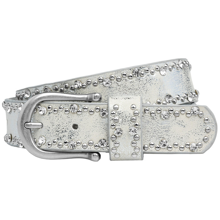 Жіночий ремінь Caspar GU292 сріблястого кольору з непомітним декором зі страз та заклепок, розмір 105-115 см