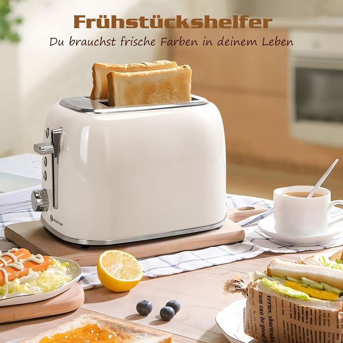 Тостер Aigostar 2-х секційний, Ретро, Кремовий, 800W, 6 рівнів підсмажування, Функції: Bagel, розморожування, підігрів, відміна