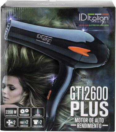 Професійний фен для волосся ID Italian Design з насадкою для укладки, 3 температурні та 2 режими швидкості, 2200W, чорний