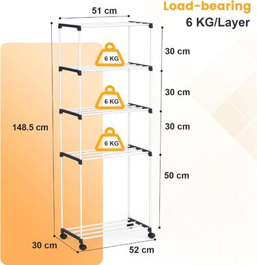 Сушарка для білизни мобільна 5-ярусна, підлогова, для ванної кімнати, квартири, пральні - компактна, на колесах
