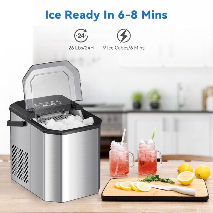 Льодогенератор Eiswürfelmaschine 120W, 9 кубиків за 6 хв, 11.8 кг/24год, самоочищення, з лопаткою та кошиком для вечірок, офісу, бару, кемпера, 2.3 л