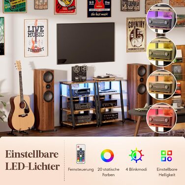 Lifewit Полиця HiFi для вінілу з колесами, регульованими полицями, розетками та LED-підсвіткою, чорно-коричнева, 60x55x90 см
