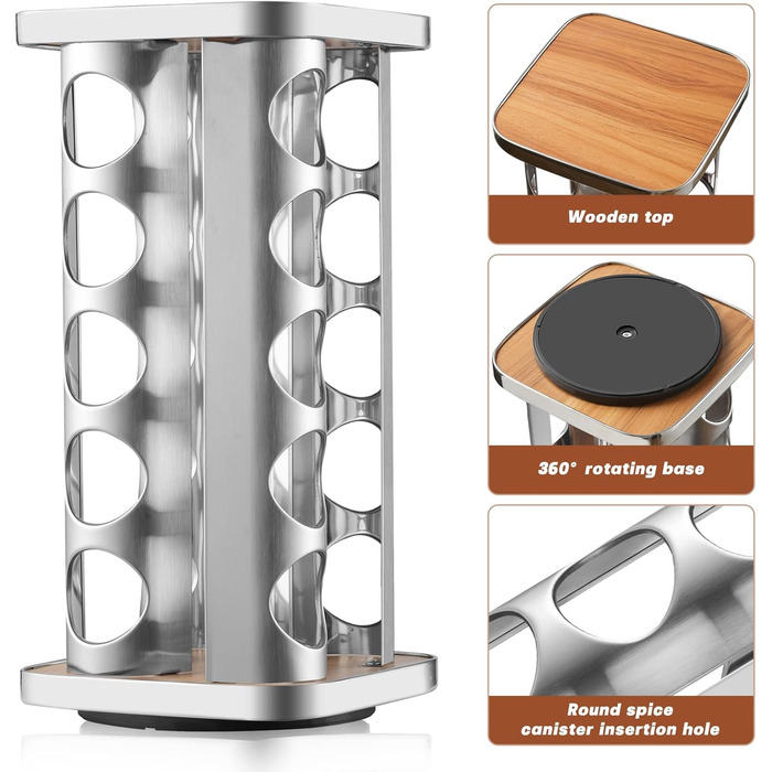 FRIBERG Spice Rack with 20 Spice Jars, Round, 100ml, 360° Swivel Stainless Steel Spice Carousel, Standing Spice Rack with Funnel, Label, Pen, and Cleaning Brush