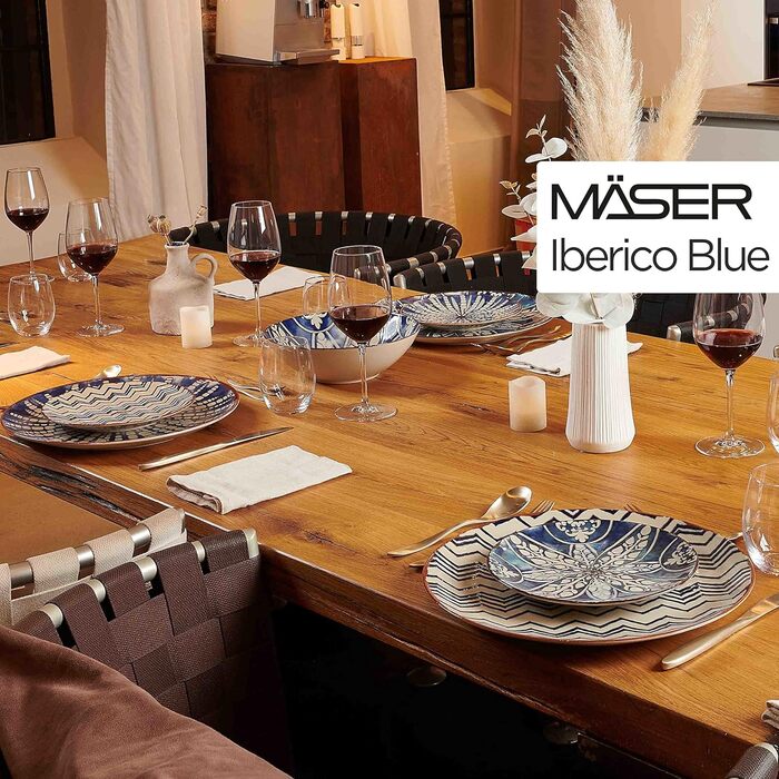 MÄSER 934017 Iberico Blue 12-piece tableware set for 4 people in Moorish style, plate set with various vintage patterns in white and blue, stoneware