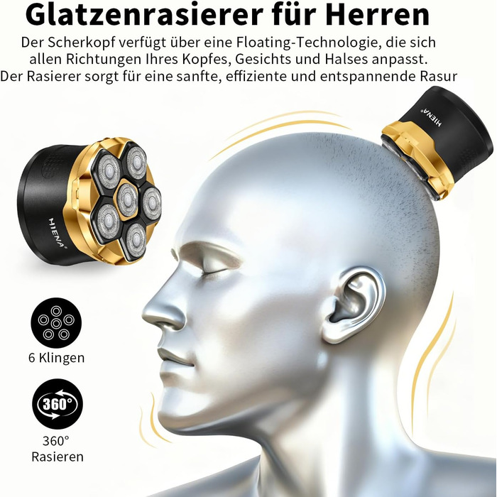 HIENA PRO Машинка для гоління голови чоловіча 6D магнітна, водонепроникна, з підзарядкою Type-C та LED-дисплеєм (Золотий)