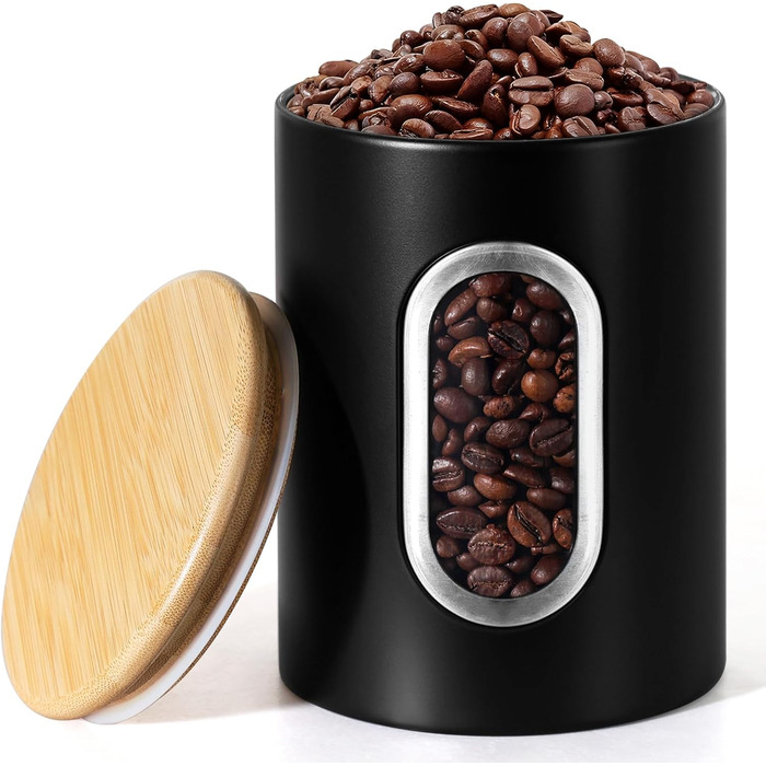Герметична кавова банка Gmisun, 500г / 1,5л: для кавових зерен, меленої кави, капсул та паді, чорного кольору