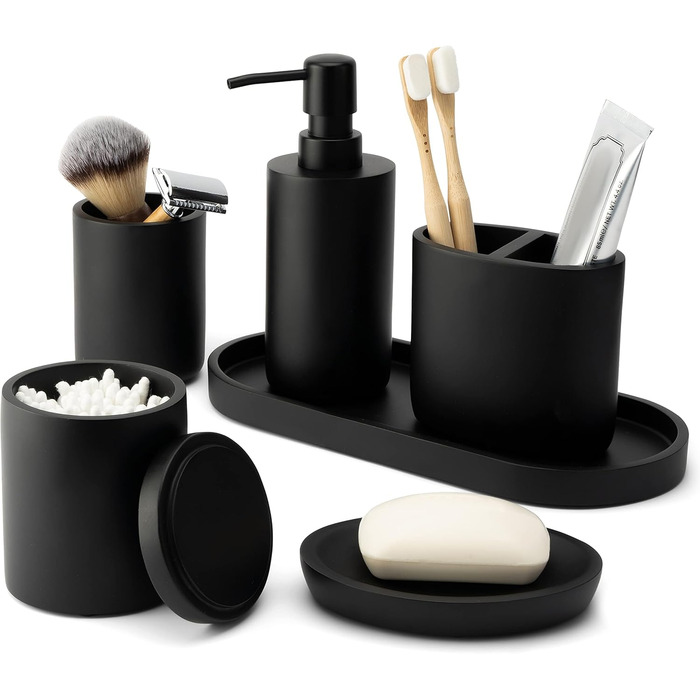 DELUXXOO® Набір аксесуарів для ванної кімнати 6 шт. чорний матовий: органайзер, диспенсер для мила, мильниця, стакан для зубної щітки, піднос, ящик для зберігання