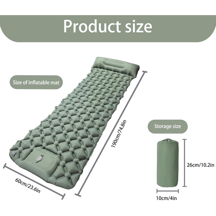 Надувний килимок для кемпінгу Isomatte: самонадувний, ультралегкий, з помпою та подушкою для відпочинку на природі, в походах, на пляжі та в наметі (зелений)
