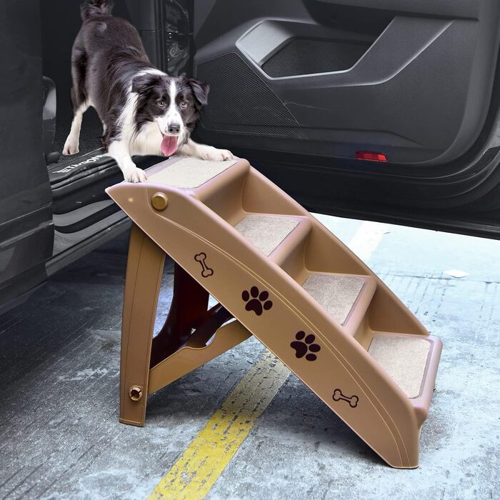 Сходинки для домашніх тварин GYMAX з 4 сходинками, складана драбинка для собак і котів з пластику, з антиковзкими накладками, 4 килимками та трикутною структурою, допомога у підйомі для котів та собак (колір: кава)