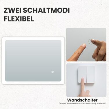 LED дзеркало для ванної кімнати з підсвічуванням 70x50 см, холодне біле світло 6000K, енергозберігаюче, настінне