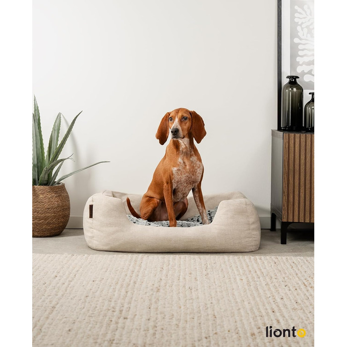 Lionto Dog Cuddler with fluffy reversible cushion, cozy pet bed in heathered design with deep entry for dogs & cats of all sizes, 80x60 cm, soft dog bed, beige